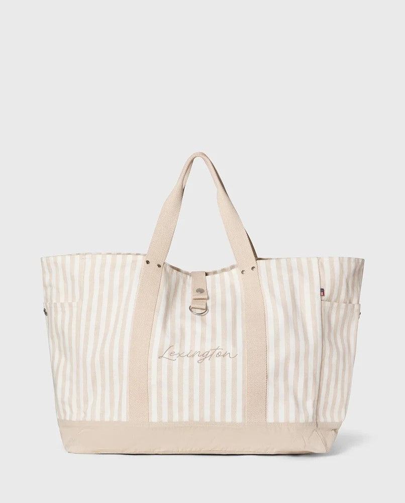 Strandveske i økologisk bomull med sildebensmønster, beige stripe