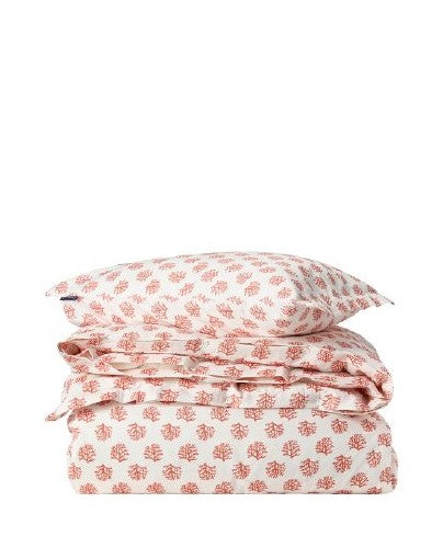 Sengesett i bomullssatin med hvitt/korallprint