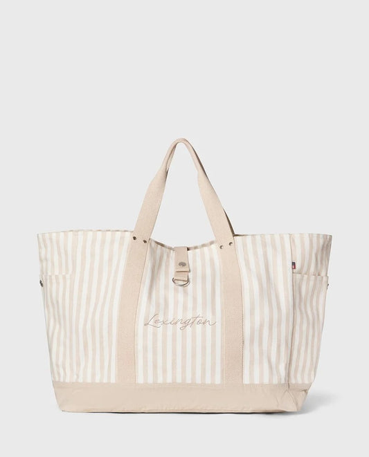 Strandveske i økologisk bomull med sildebensmønster, beige stripe