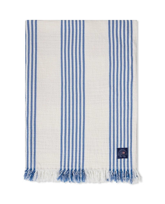 Stripet og rutete pledd i økologisk bomull, hvit/blå/beige