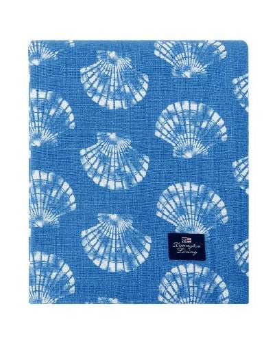 Duk i økologisk bomull med skalltrykk, blå/hvit