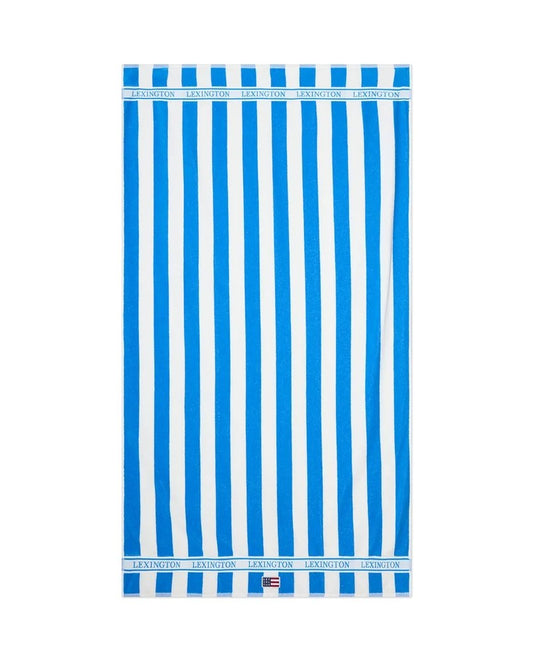 Blokkstripet strandhåndkle i bomullsfrotté, blå 100x180